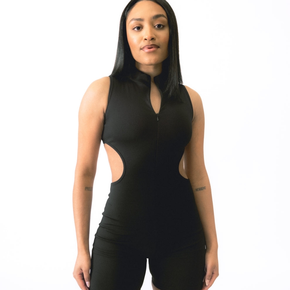 SHE UNCINSORED Seryn' Cut Out Black Ribbed Zip-Up Bodysuit